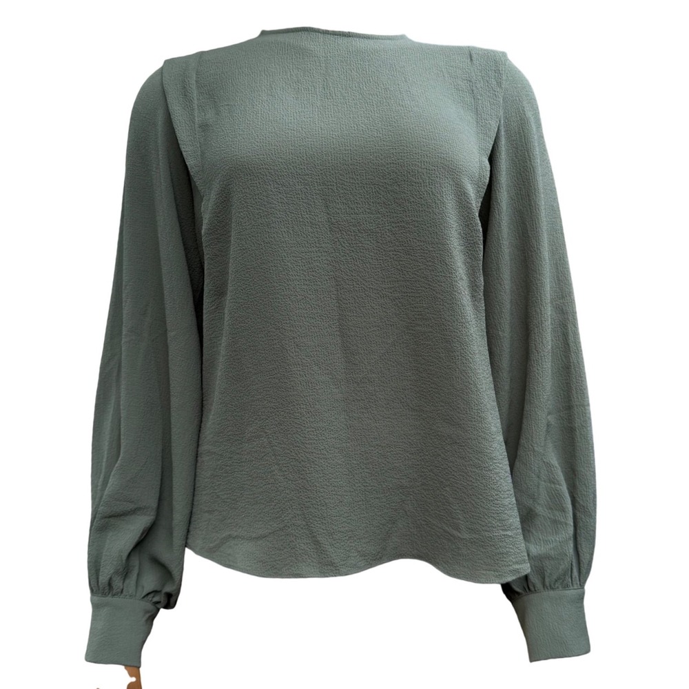 RW&CO Blouse Sage Green Pleated Shoulder Textured Office Chic Minimalist Size M